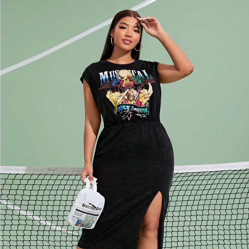 Womens black sleeveless dress with split